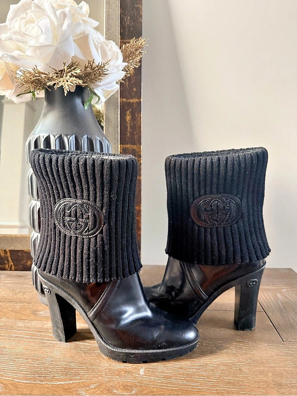 Gucci Interlocking G Knit Cuff Lug Sole Heel Boot Black